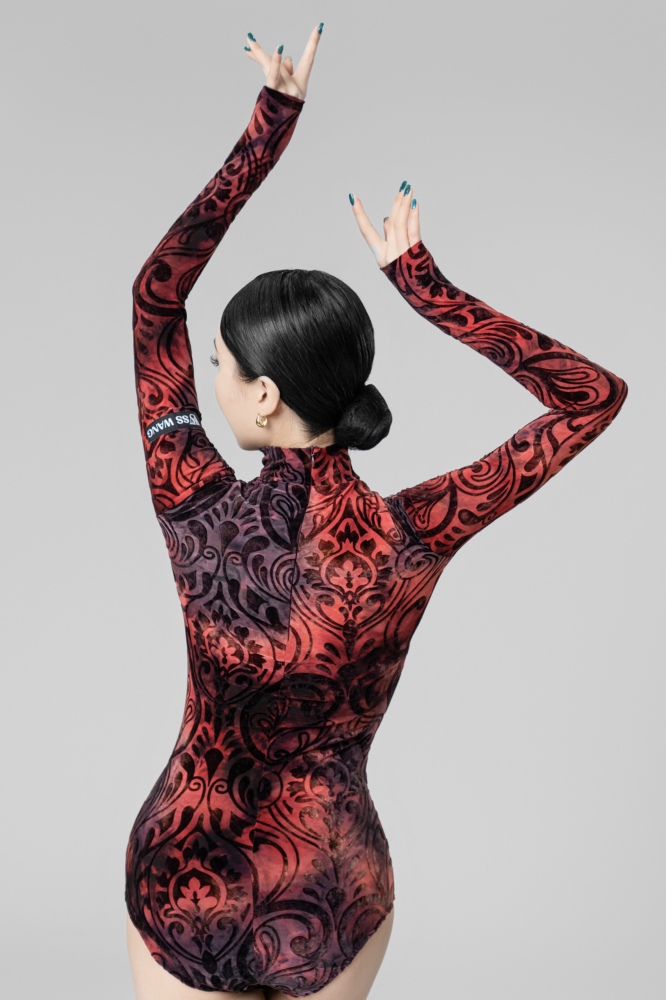 Burnt velvet turtleneck long-sleeved bodysuit（Red）