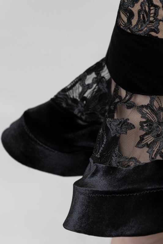 Velvet panels  with rose embroidery Latin skirt（Black）