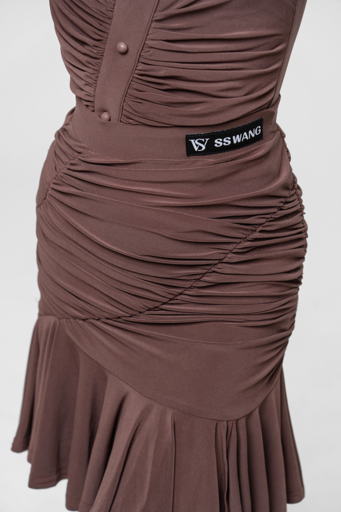 Halter Neck Pleated Sleeve Mermaid Dress suit（Chocolate color/With arm two flower ornament）