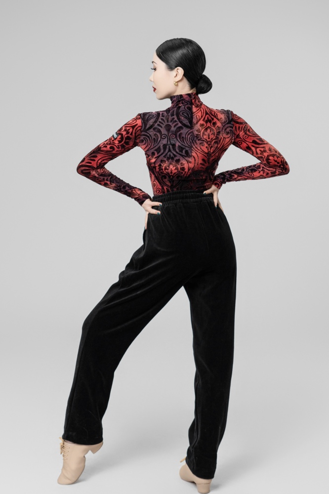 Burnt velvet turtleneck long-sleeved bodysuit（Red）