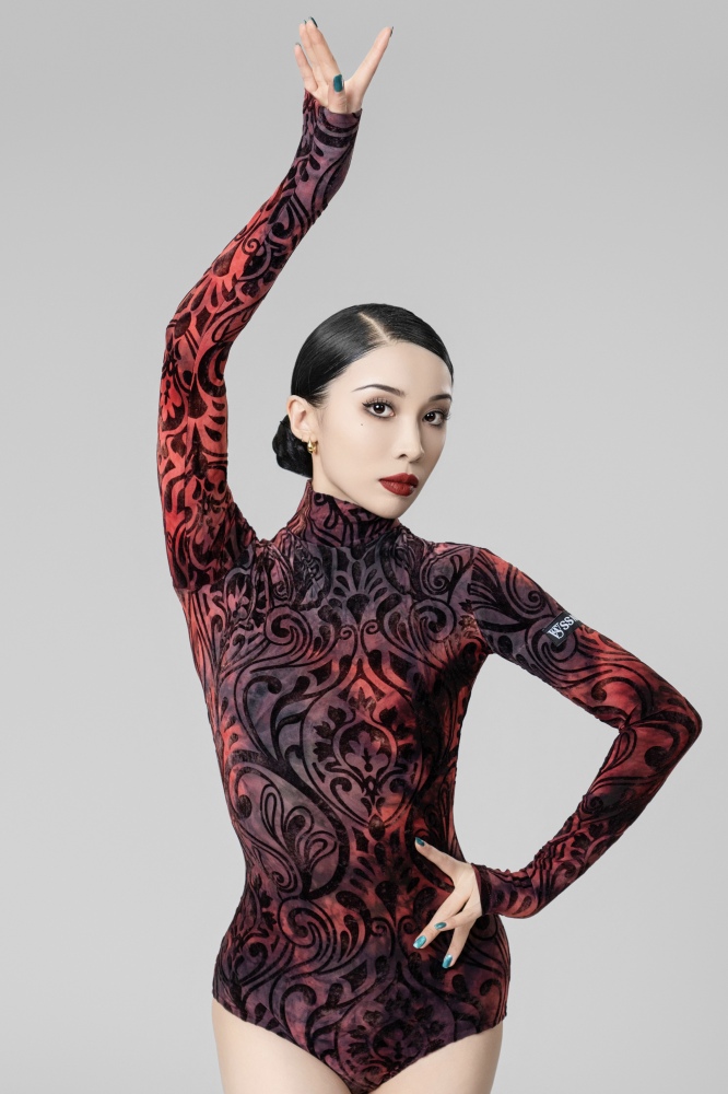 Burnt velvet turtleneck long-sleeved bodysuit（Red）