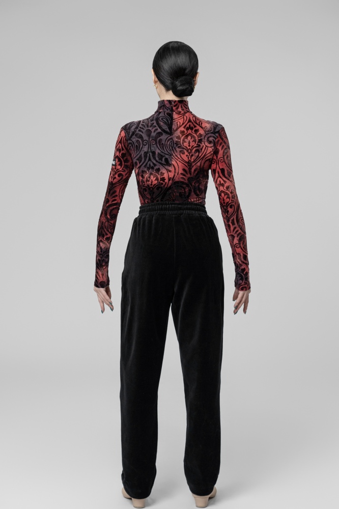 Burnt velvet turtleneck long-sleeved bodysuit（Red）