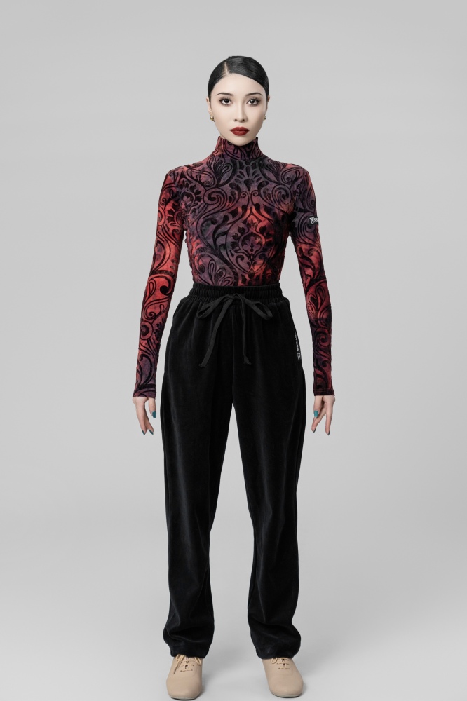 Burnt velvet turtleneck long-sleeved bodysuit（Red）