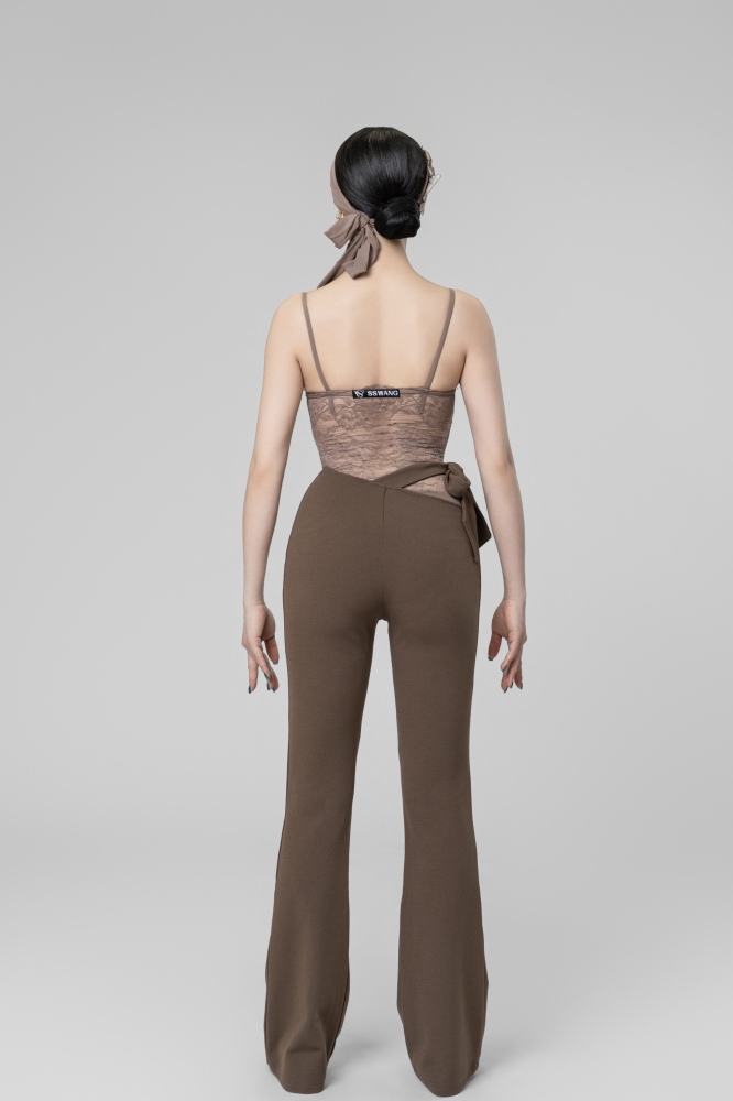 Petal lace patchwork suspender Bodysuit(cocoa）