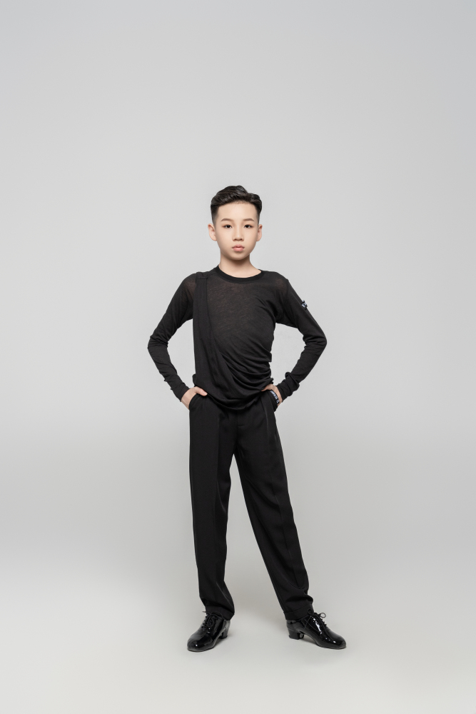 Boy Cotton Irregular Wavy Long Sleeve Top（Black）