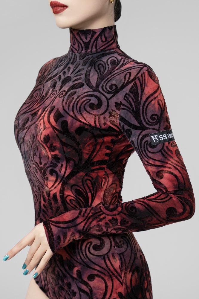 Burnt velvet turtleneck long-sleeved bodysuit（Red）