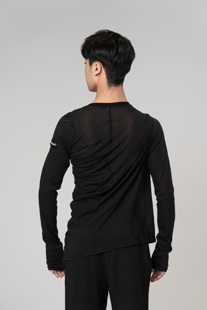 Man Cotton Irregular Wavy Long Sleeve Top（White）