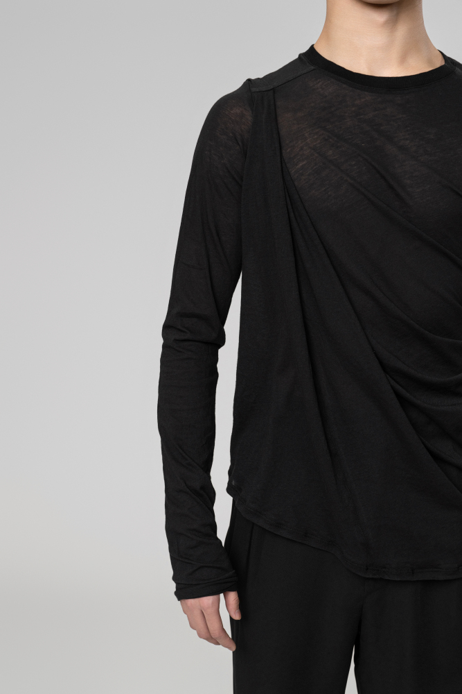 Man Cotton Irregular Wavy Long Sleeve Top（White）
