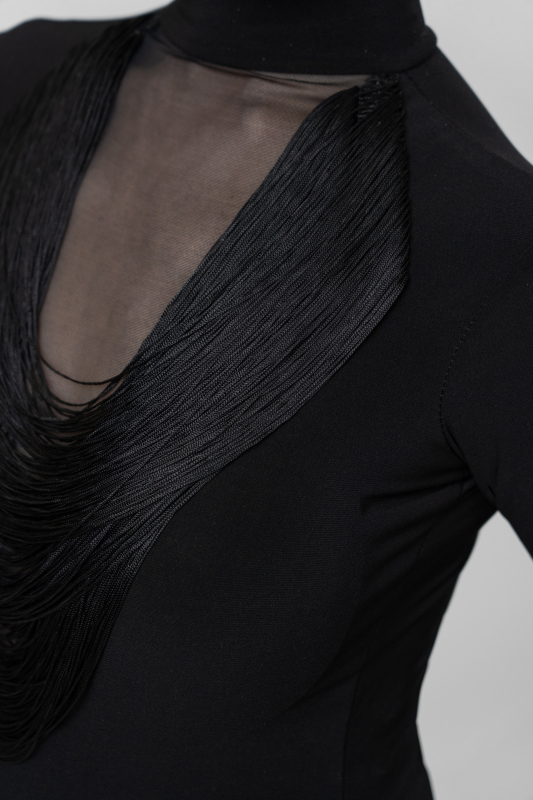 Long-sleeved fringed gauze-panel Bodysuit（Black）