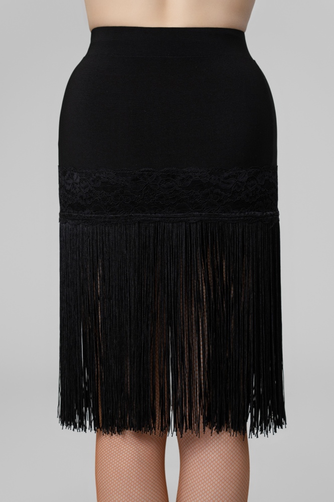 lace-trimmed fringed skirt（Black）