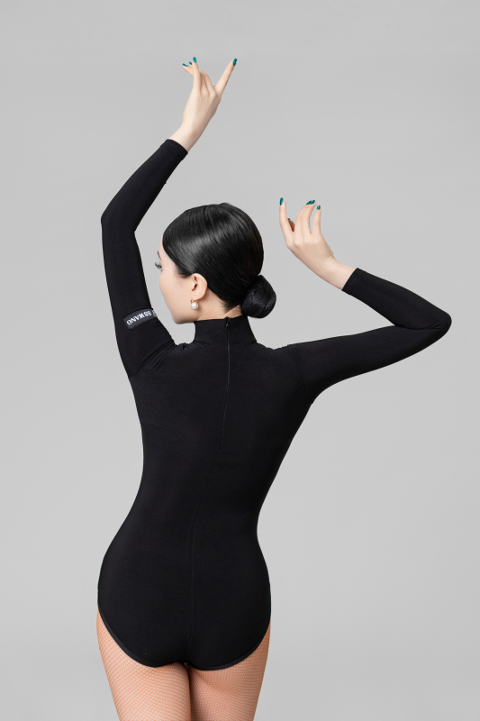 Long-sleeved fringed gauze-panel Bodysuit（Black）