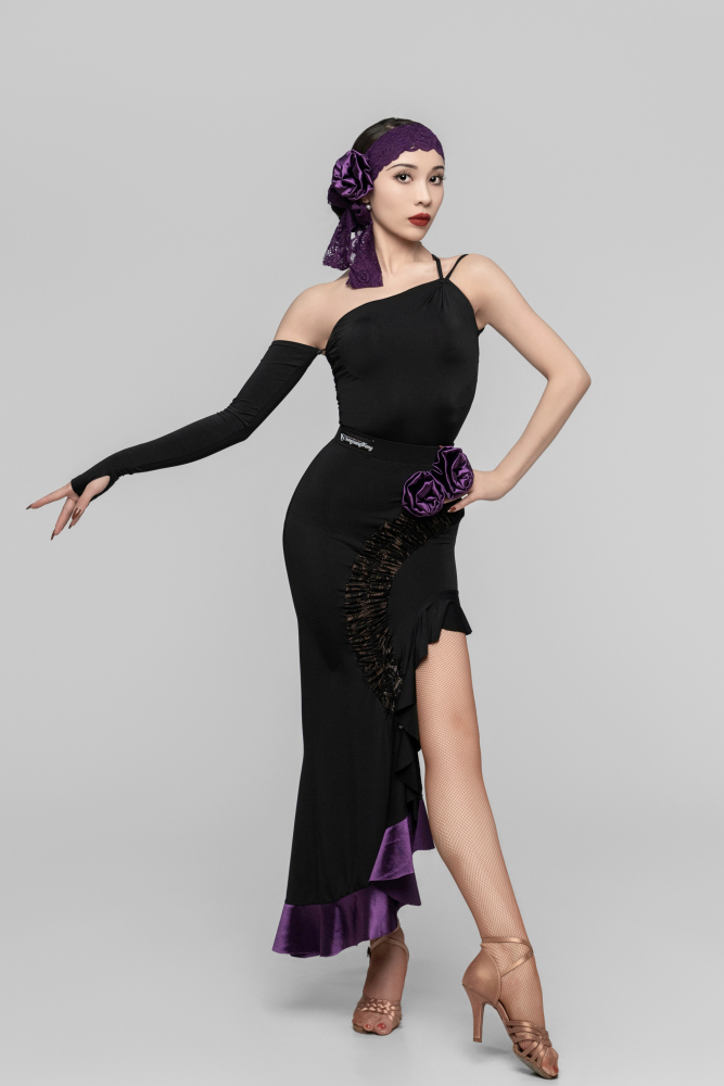 Women's off-shoulder detachable Bodysuit（Black Purple）