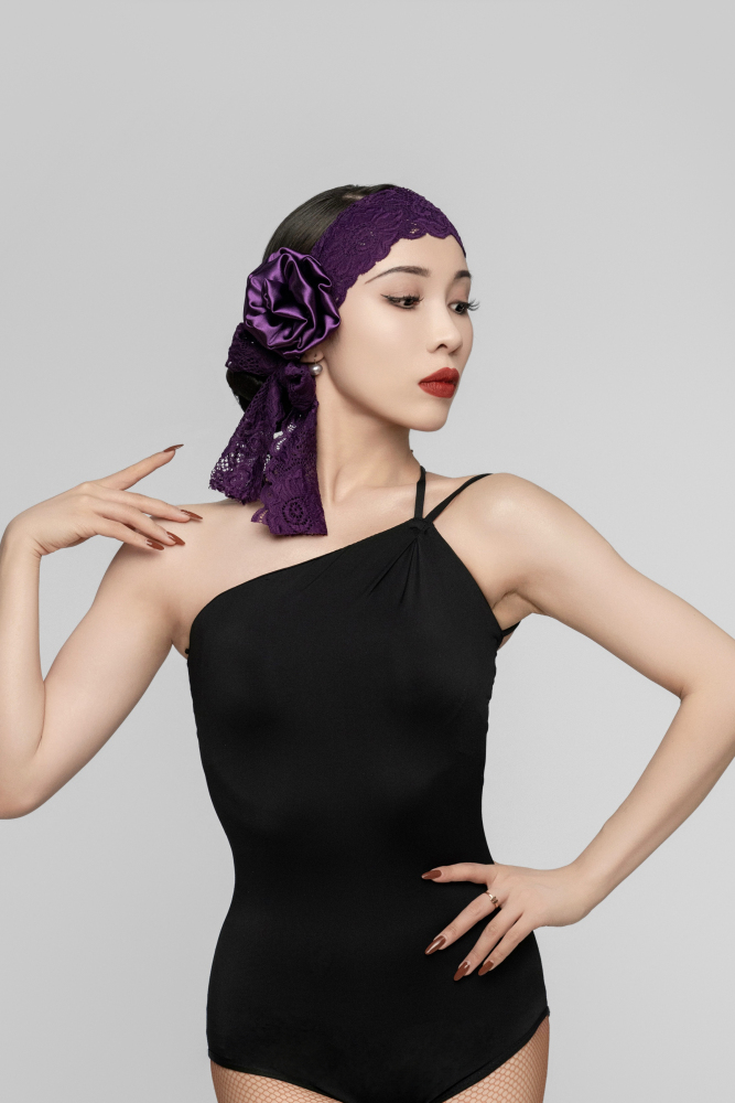 Women's off-shoulder detachable Bodysuit（Black Purple）