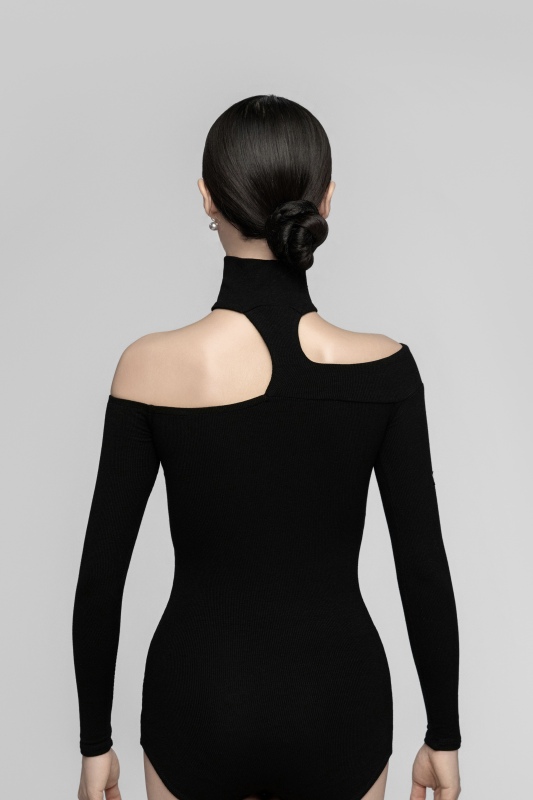 Women's Rib-fabric off-shoulder bateau neck Bodysuit （Black）