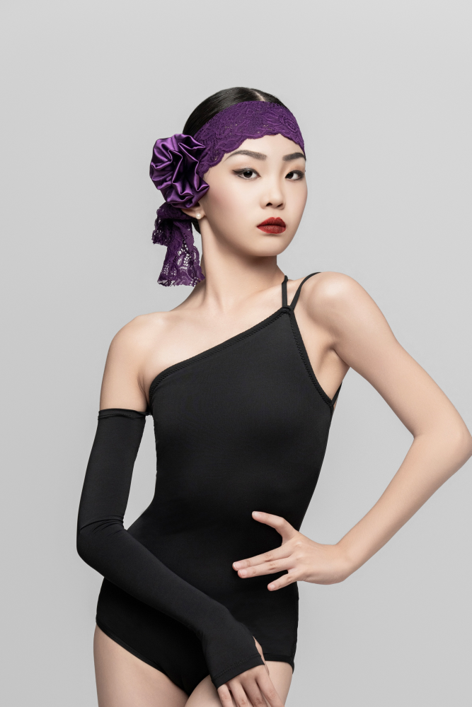 Girl's off-shoulder detachable Bodysuit（Black Purple）