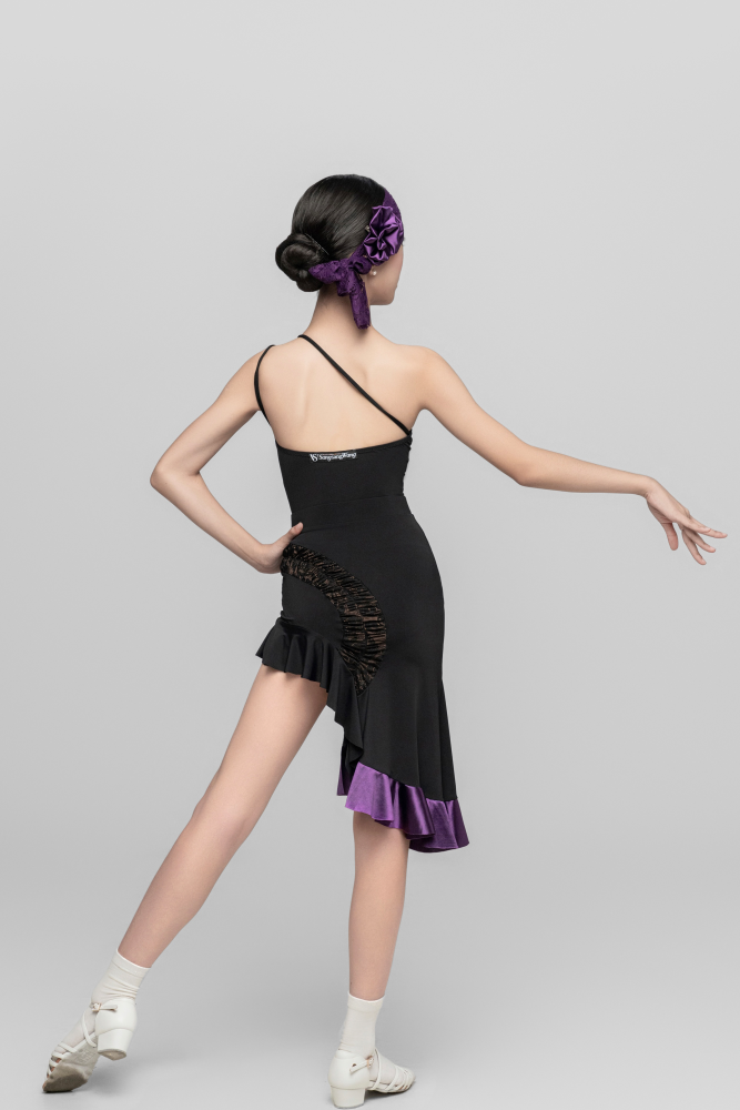 Girl's off-shoulder detachable Bodysuit（Black Purple）