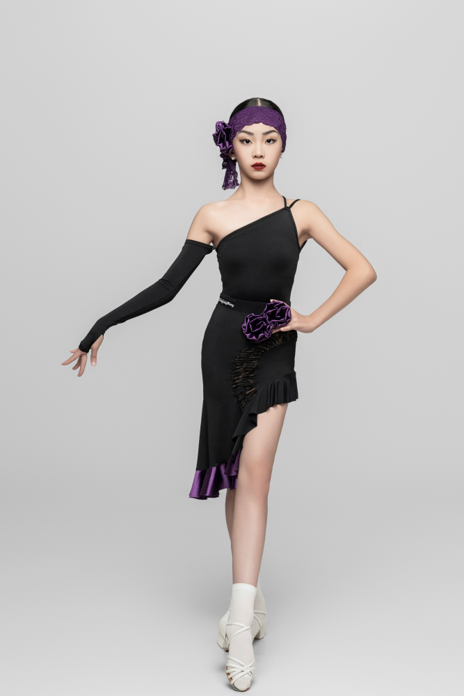 Girl's off-shoulder detachable Bodysuit（Black Purple）