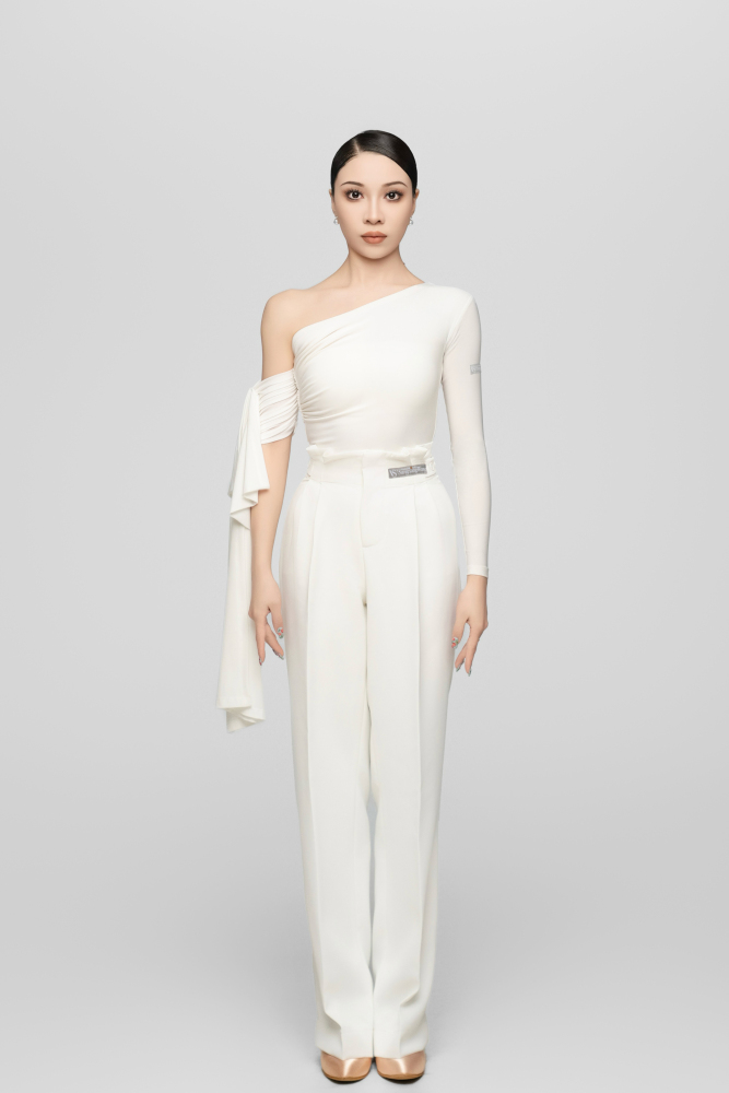 Asymmetrical Shoulder Removable Sash Bodysuit For Women (White)