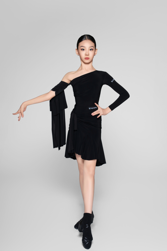 Asymmetrical Shoulder Removable Sash Bodysuit For Girls (Black)