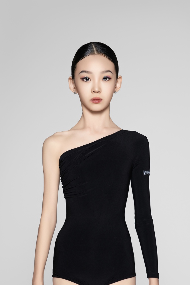 Asymmetrical Shoulder Removable Sash Bodysuit For Girls (Black)