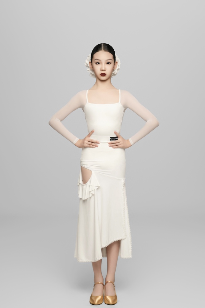 Hollow Ruffled Ballroom Skirt For Girls (White)