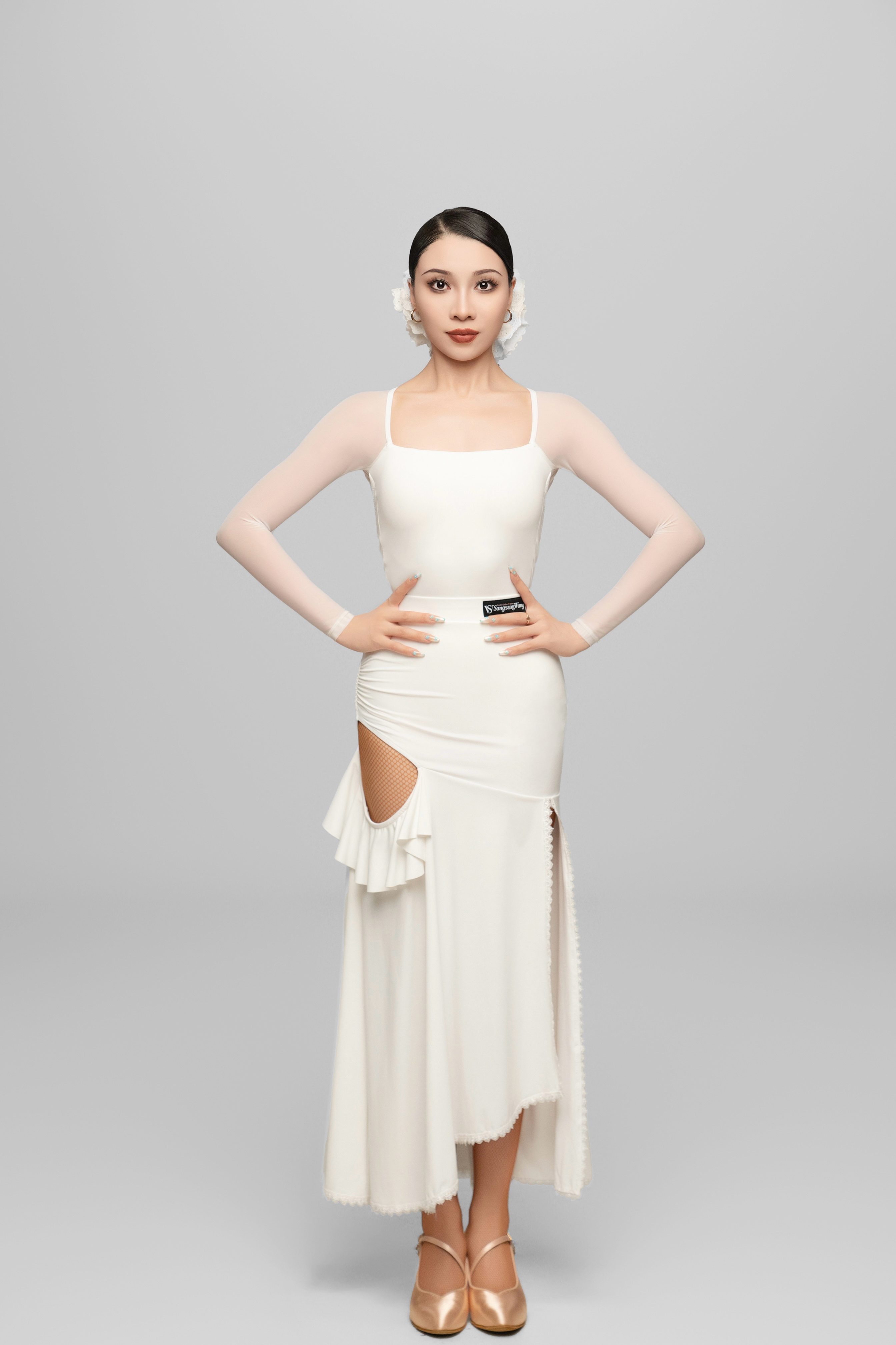 Hollow Ruffled Ballroom Skirt For Women (White)