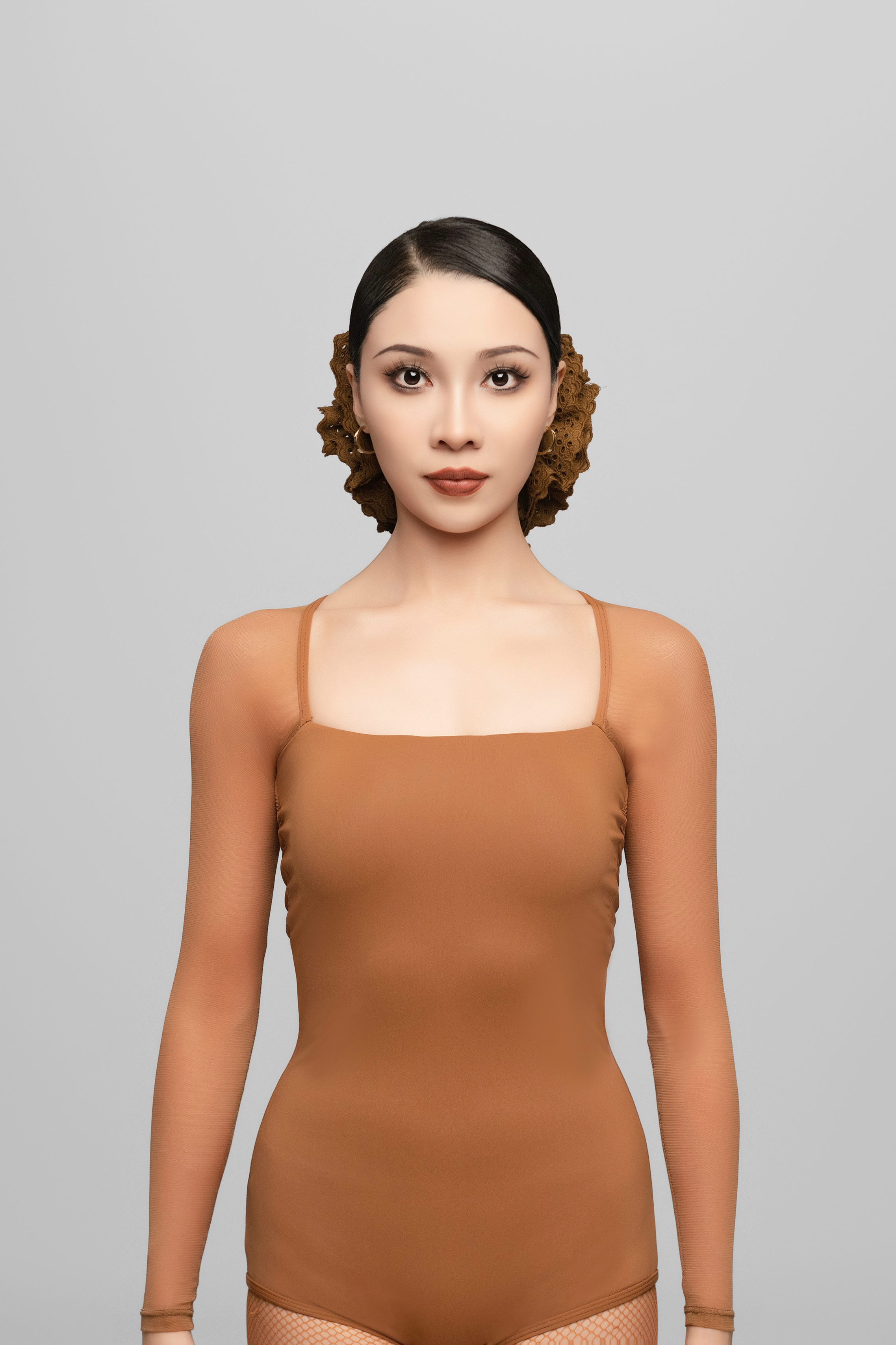 Mesh Patchwork Square Neck Long Sleeve Bodysuit For Women (Caramel)