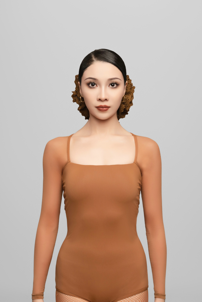 Mesh Patchwork Square Neck Long Sleeve Bodysuit For Women (Caramel)