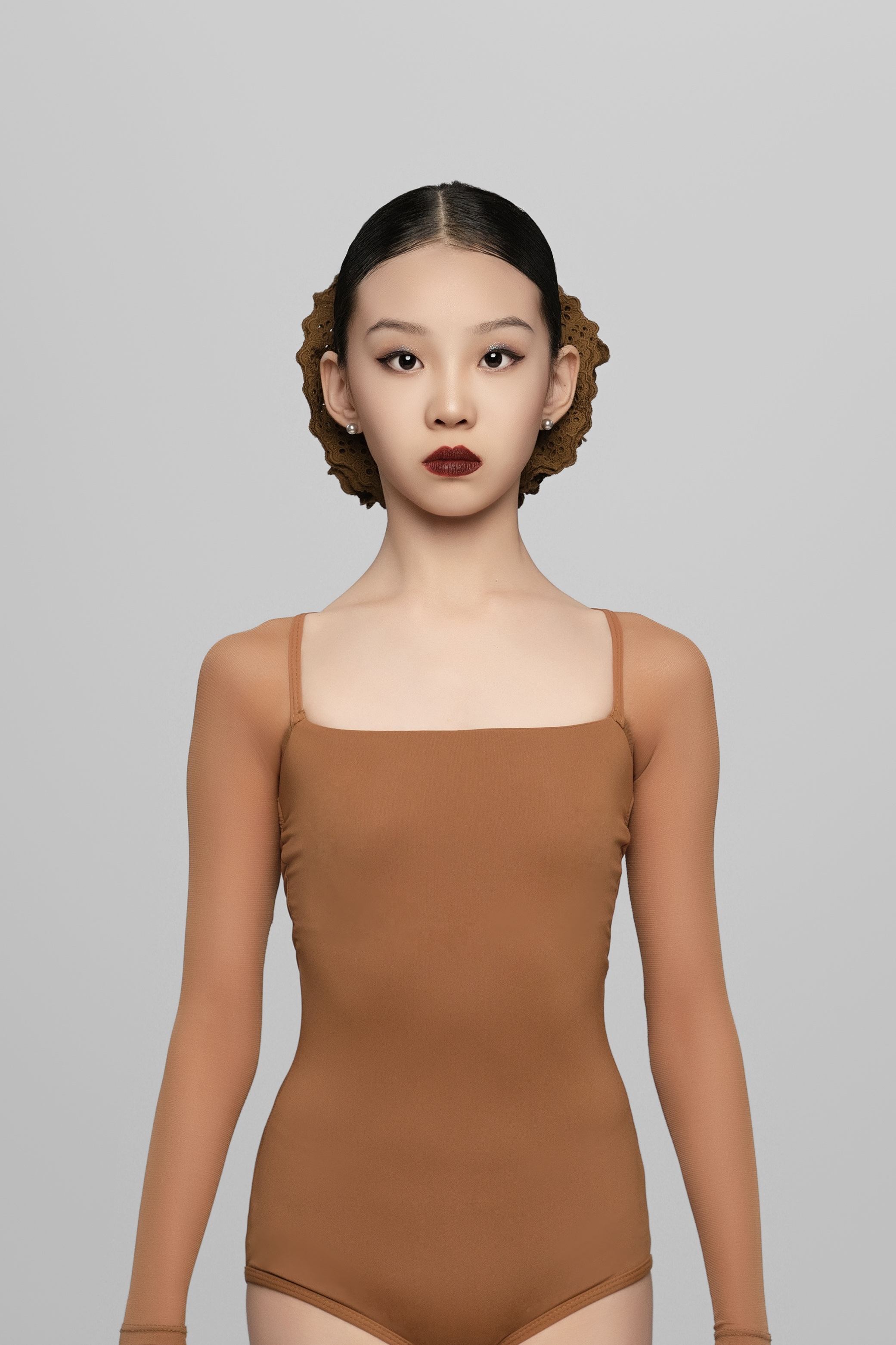 Mesh Patchwork Square Neck Long Sleeve Bodysuit For Girls (Caramel /with Hair Tie)