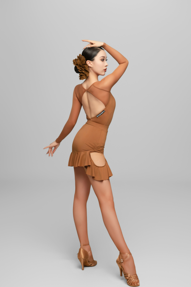 Mesh Patchwork Square Neck Long Sleeve Bodysuit For Women (Caramel)