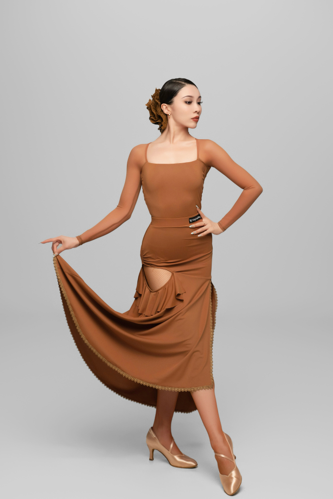 Mesh Patchwork Square Neck Long Sleeve Bodysuit For Women (Caramel)