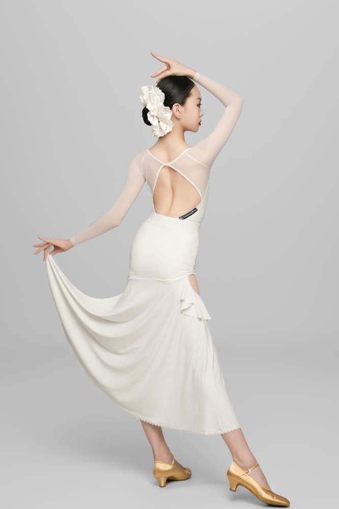 Mesh Patchwork Square Neck Long Sleeve Bodysuit For Girls (Caramel /with Hair Tie)