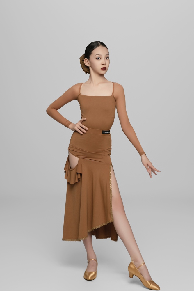 Mesh Patchwork Square Neck Long Sleeve Bodysuit For Girls (Caramel /with Hair Tie)