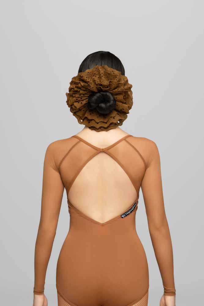 Mesh Patchwork Square Neck Long Sleeve Bodysuit For Women (Caramel)