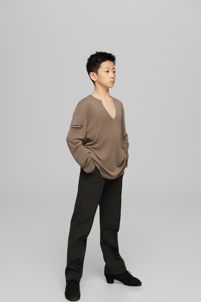 Frayed Hem V-Neck Top For Boys (Milk Tea)