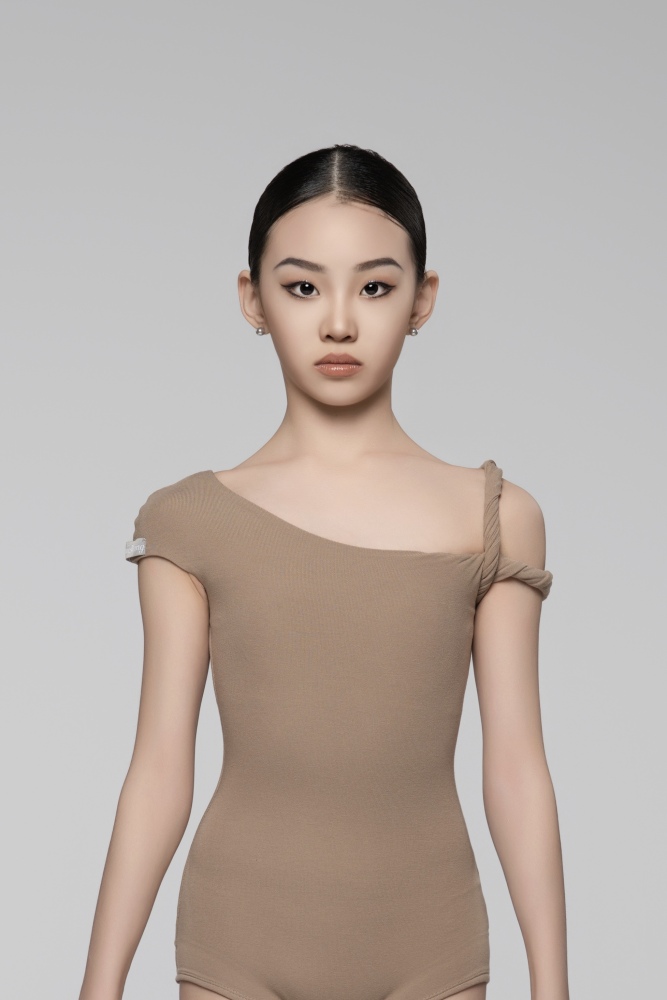 Ultra-Fine Ribbed Asymmetrical Shoulder Twisted Cord Bodysuit For Girls (Nude)