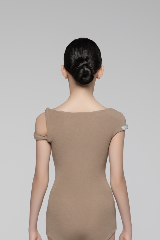 Ultra-Fine Ribbed Asymmetrical Shoulder Twisted Cord Bodysuit For Girls (Nude)