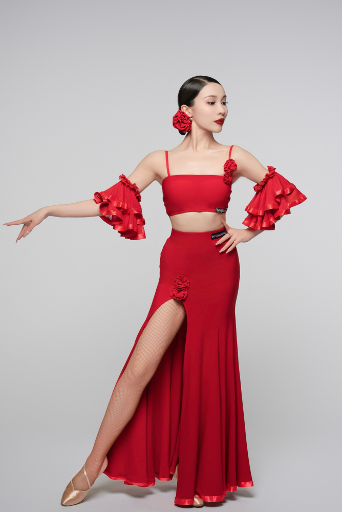 Floral Slit Ballroom Skirt Dress (Red/ With Arm Cuffs)