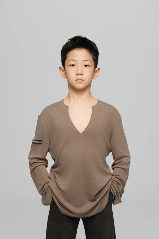 Frayed Hem V-Neck Top For Boys (Milk Tea)