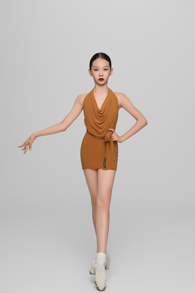 Halter Neck Dress with Removable Fringe For Girls (Caramel)