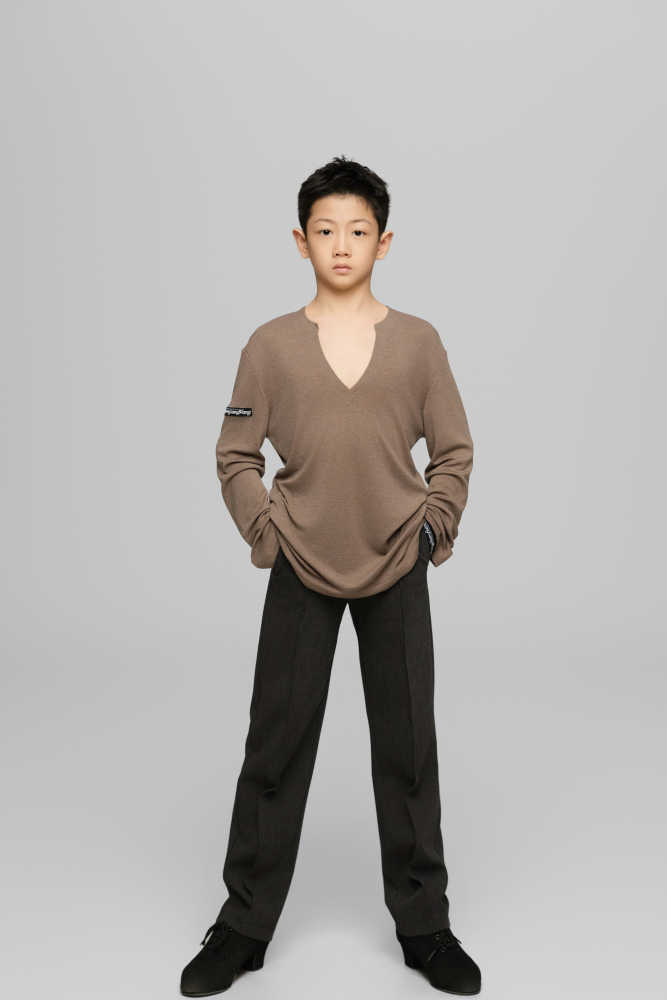Frayed Hem V-Neck Top For Boys (Milk Tea)