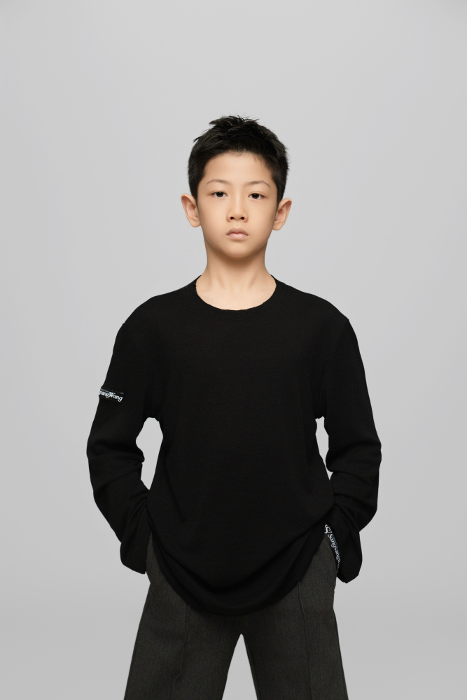 Frayed Hem Round Neck Top For Boys (Milk Tea)