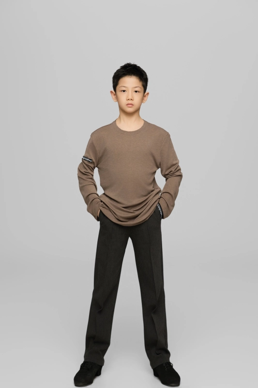 Frayed Hem Round Neck Top For Boys (Milk Tea)