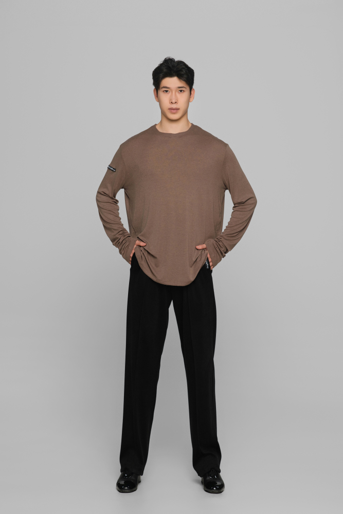 Frayed Hem Round Neck Top For Men (Milk Tea)
