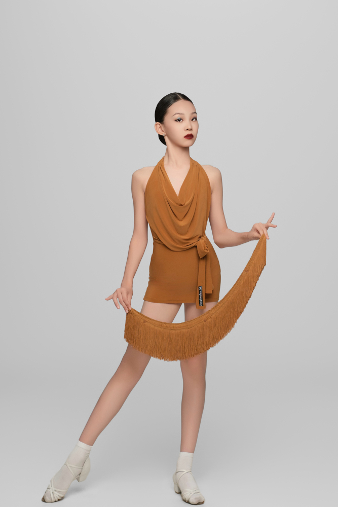 Halter Neck Dress with Removable Fringe For Girls (Caramel)