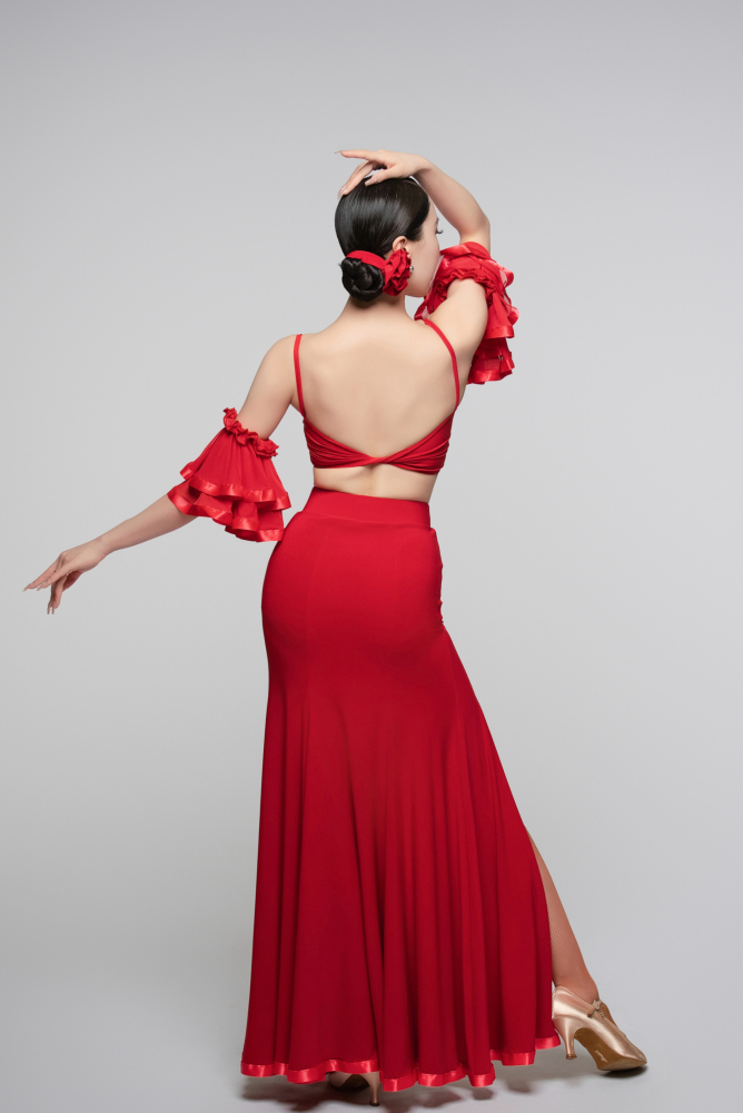 Floral Slit Ballroom Skirt Dress (Red/ With Arm Cuffs)