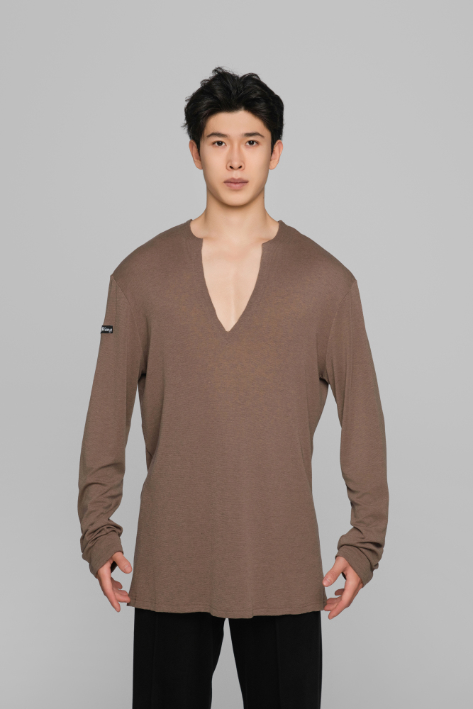 Frayed Hem V-Neck Top For Men (Milk Tea)