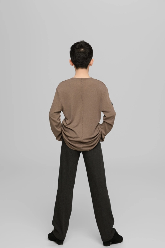 Frayed Hem Round Neck Top For Boys (Milk Tea)