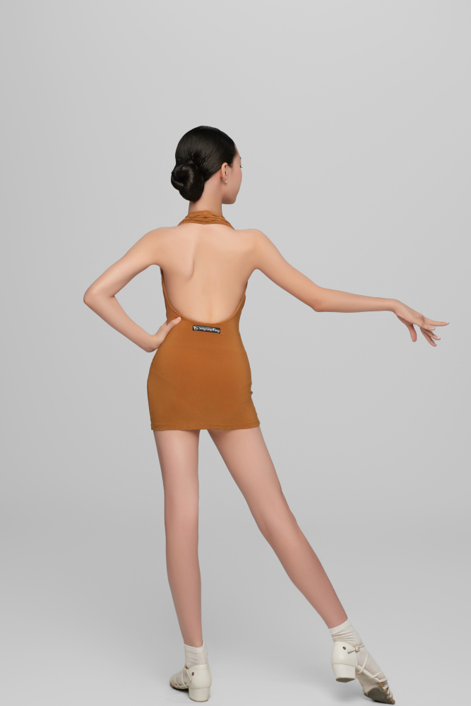 Halter Neck Dress with Removable Fringe For Girls (Caramel)