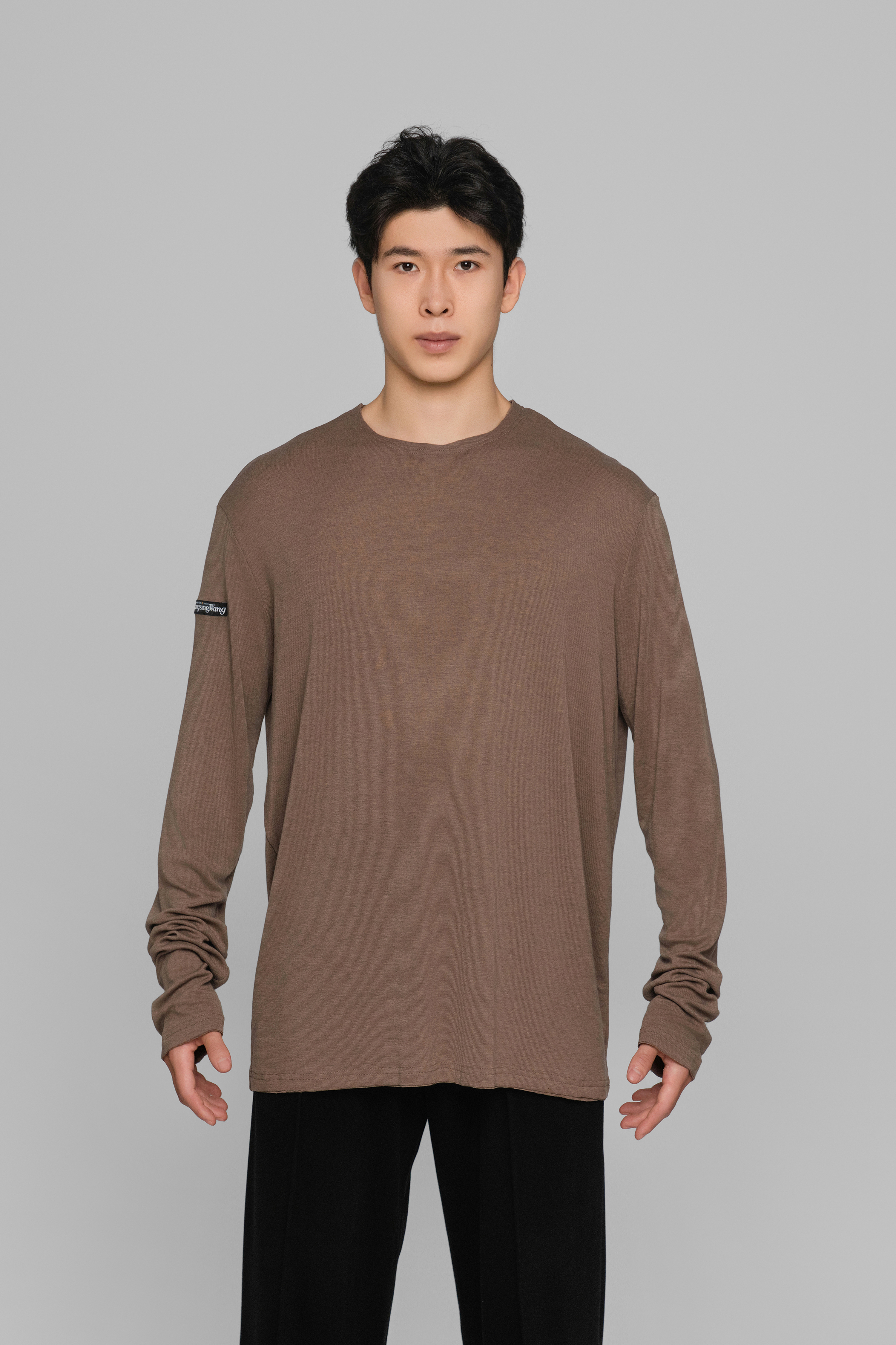 Frayed Hem Round Neck Top For Men (Milk Tea)